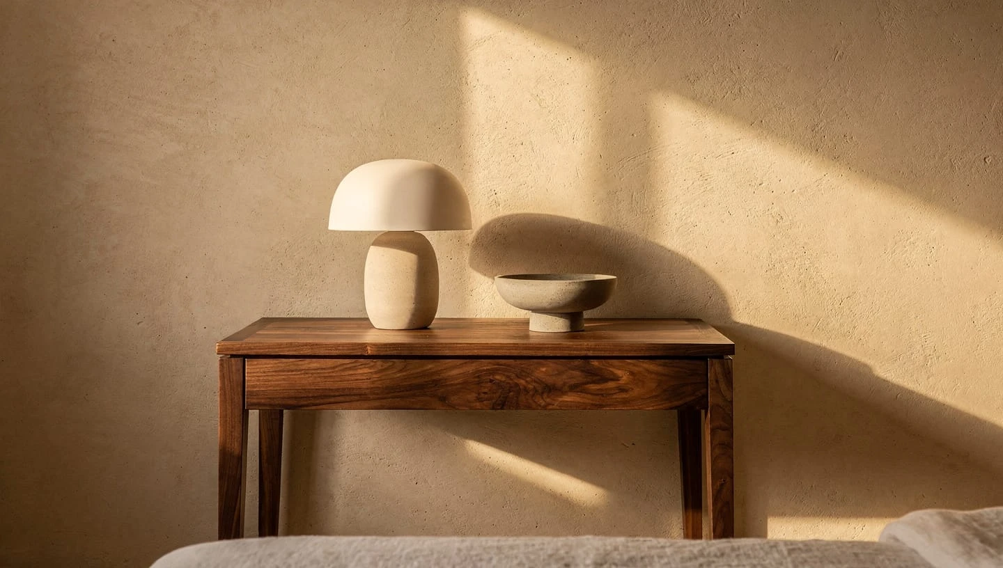 Smarana hand-shaped ceramic table lamp glowing on wooden console table